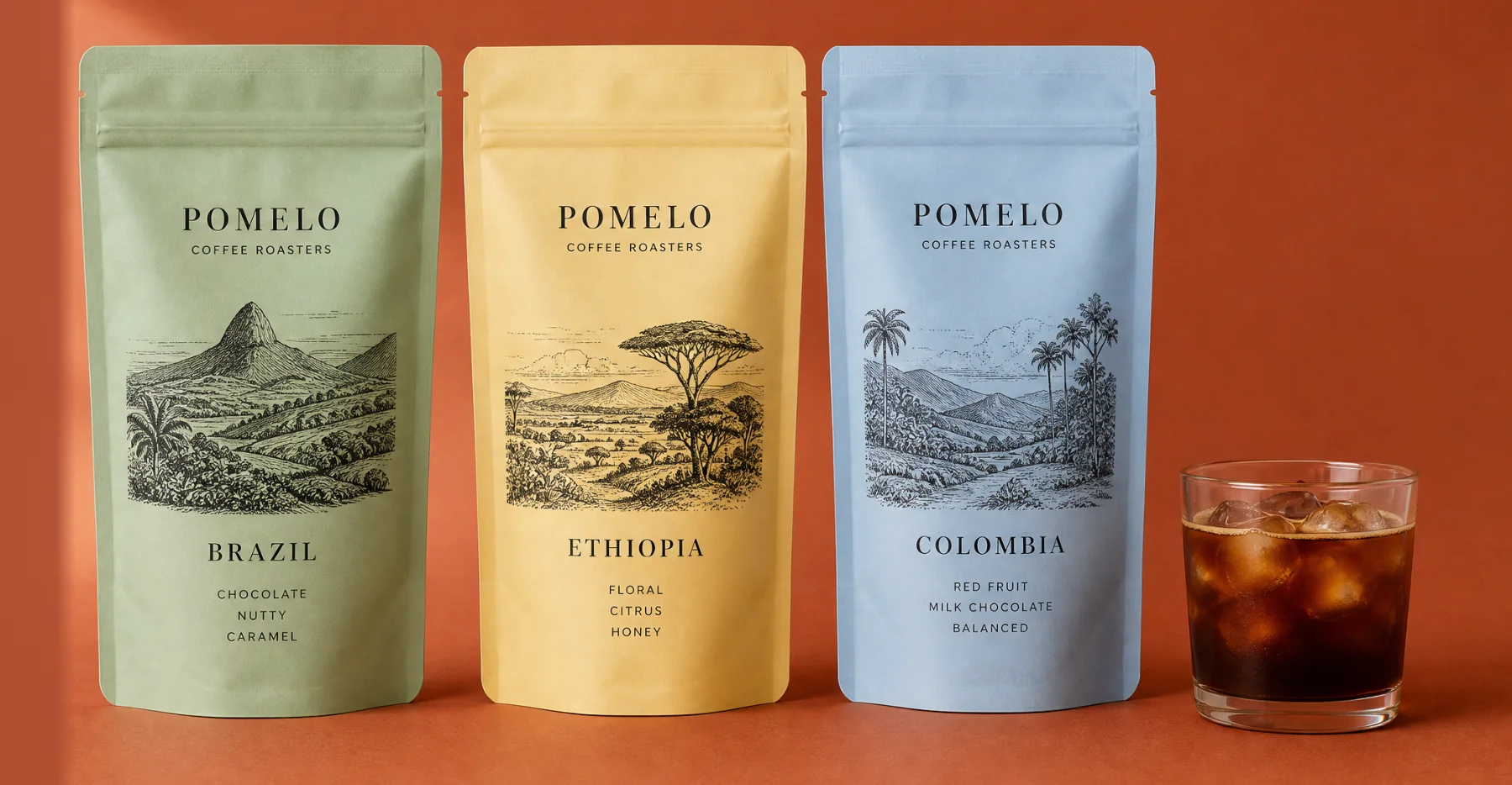 Three Pomelo coffee bags in sage, butter yellow and sky blue beside an iced coffee